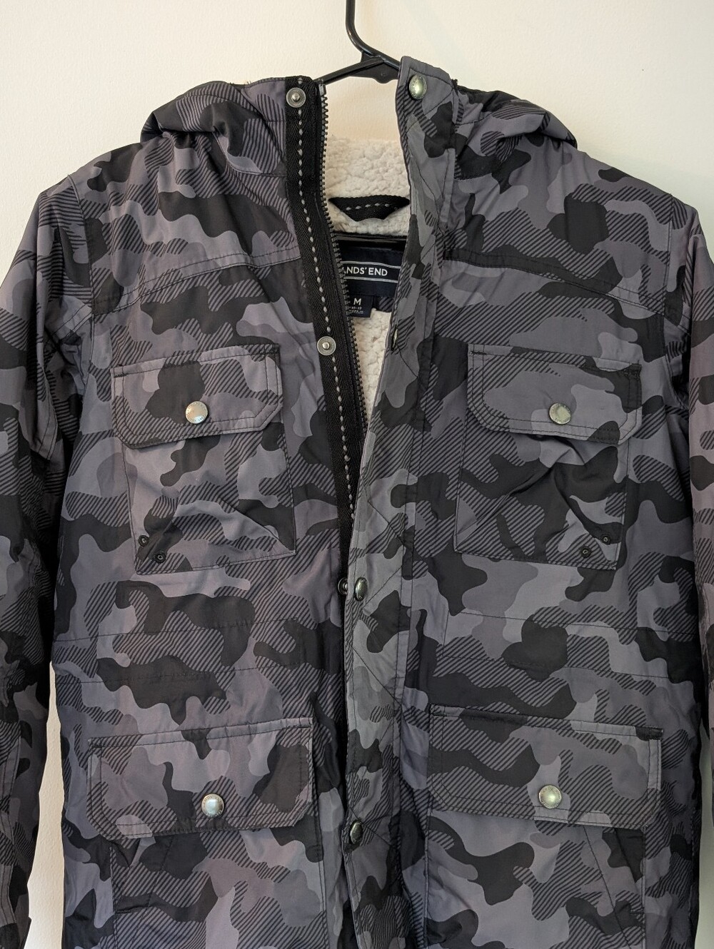 Lands' End Kids Black and Gray Camo Hooded Field Jacket Winter